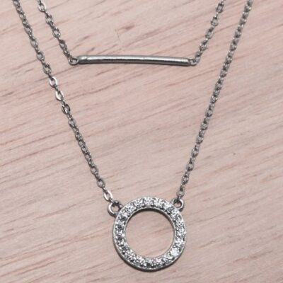 Sterling Silver Double-Layered Necklace with Cubic Zirconia Open Circle & Bar Pendant