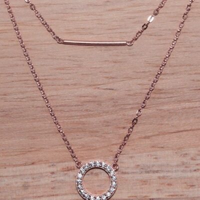 Sterling Silver Rose Gold Plated Double-Layered Necklace with Cubic Zirconia Open Circle & Bar Pendant